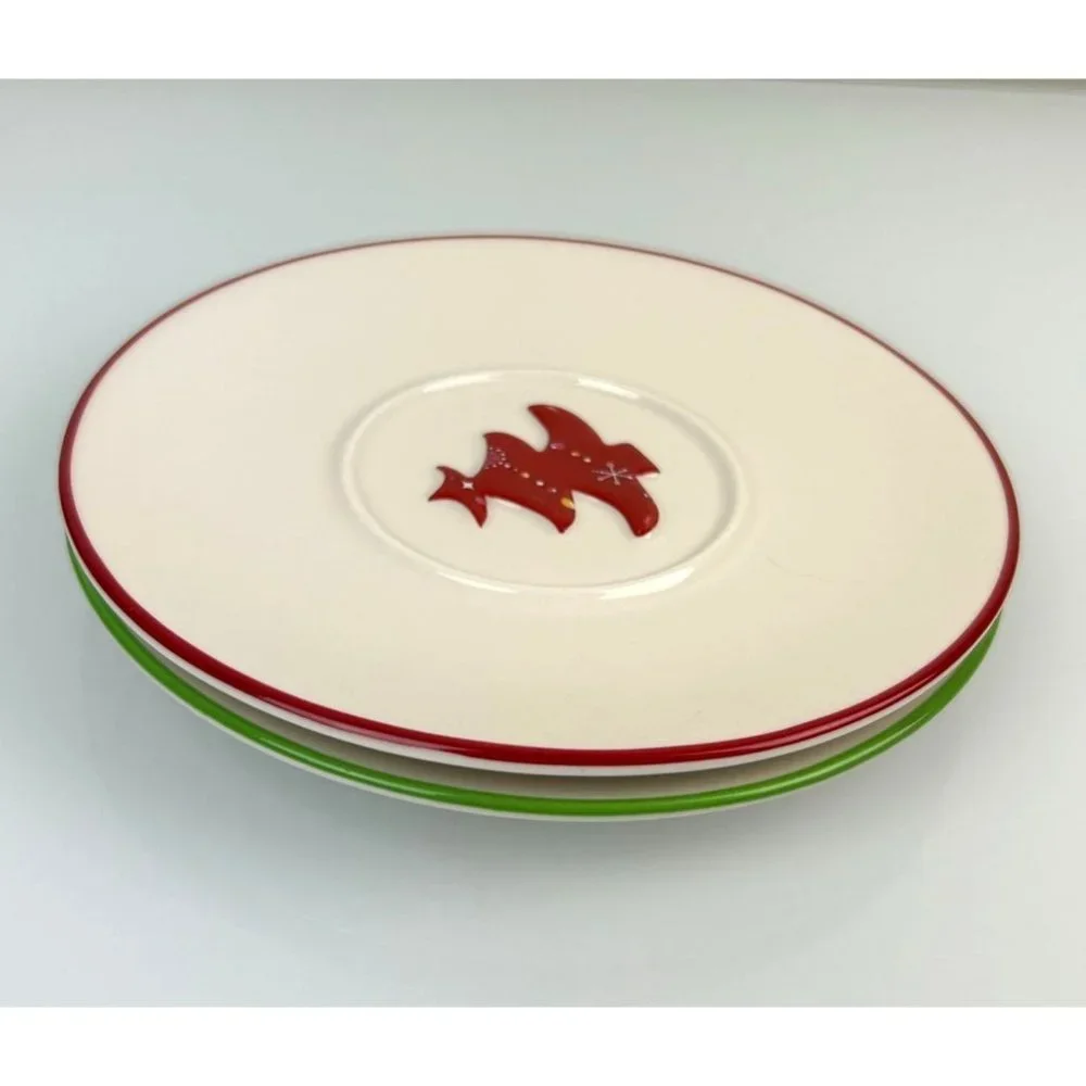 Starbucks 2006 Set of 2 Christmas Saucer Plates, Red Tree, Green Blue Stocking